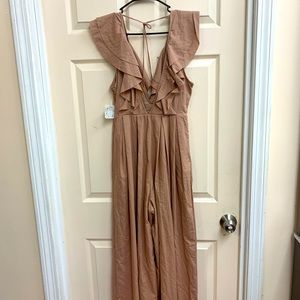 Size6 tan jumpsuit with tie and ruffled neck size6